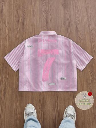 Manfinity Sporsity 男士数字条纹单排扣休闲短袖短款粉色衬衫