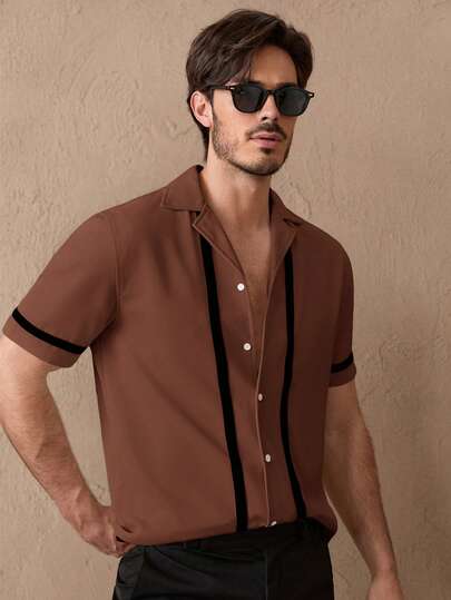HIMLAND Camisa casual de manga corta de un solo pecho con contraste de color tejido para hombres