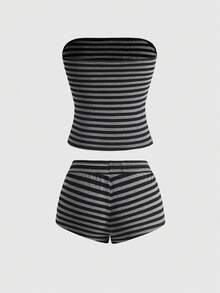 ROMWE Avant Women's Retro Y2K Baddie Slogan Skull Print Striped Cropped Tube Top And Super Low-Rise Mini Shorts 2 Pieces Set - Multicolor - View 2