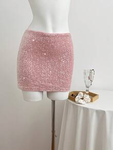 SHEIN Unity Women's Glamorous Sequin Embellished Mini Skirt With Lining - Pink - View 1