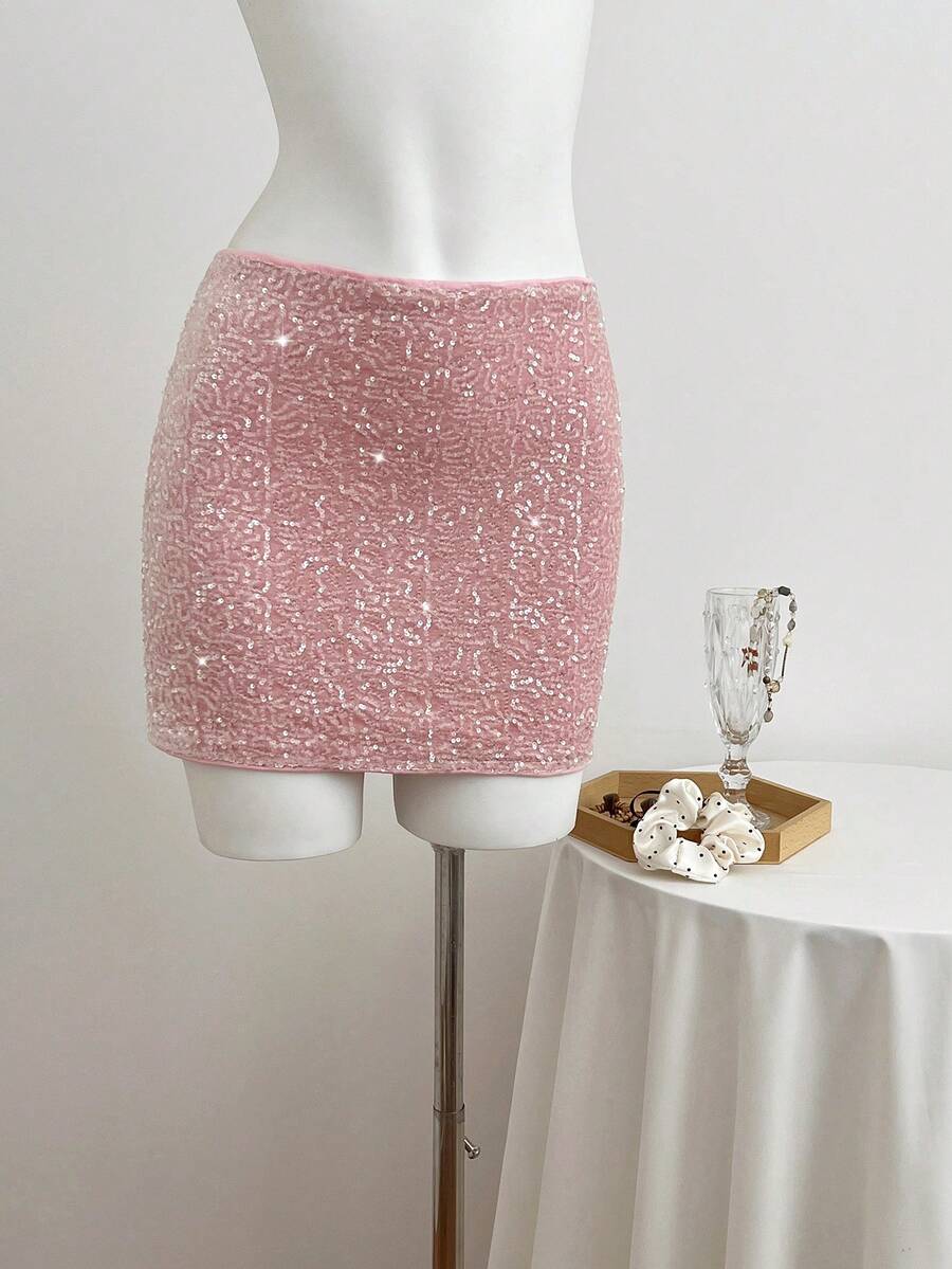 SHEIN Unity Women's Glamorous Sequin Embellished Mini Skirt With Lining - Pink - View 1