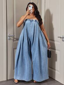 Slaydiva Plus Size Solid Color Minimalist Daily Wear Tube Top & Denim Jumpsuit