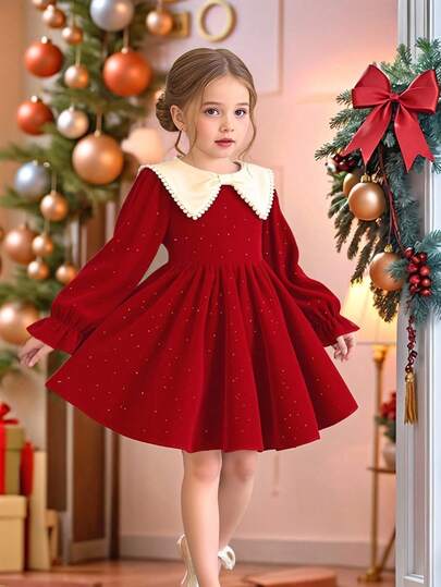 Elladie kids Vestido de manga larga con cuello de perlas falsas y lentejuelas para niñas jóvenes en otoño, suave y cómodo. Vestido rojo elegante y versátil adecuado para varias ocasiones: Navidad, reuniones, fiestas, cumpleaños, celebraciones, eventos, primavera/otoño/invierno