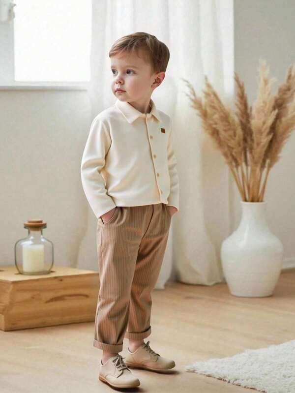 SHEIN Vintaside Kids 2pcs/Set Big Kids Boys' Spring/Autumn Ribbed Knit Collared Long Sleeve Shirt And Straight LegRibbedd Pants Set