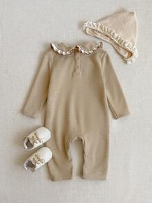 PrepCrw 1 Peça Macacão Elegante Urbano e Fofo para Bebê Menina com Detalhe Branco no Colarinho Preto de Manga Longa, Adequado para Uso Casual Diário, Passeios, Reuniões, Roupas de Bebê Menina para Outono e Inverno - Preto - Visão 3
