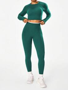Easithlete 1 Quần bó liền thân co giãn dệt kim màu xanh ô liu dành cho nữ, cạp chữ V, quần legging thể thao thoải mái - Màu xanh lá cây đậm - Xem 4