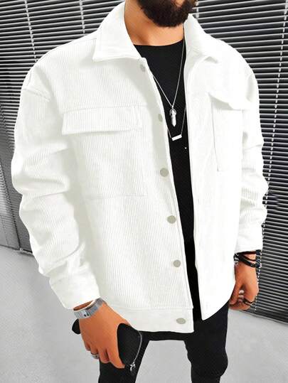 Manfinity Homme 宽松男士翻盖口袋落肩灯芯绒长袖夹克 男士衬衫式白色外套 男士夏季夹克