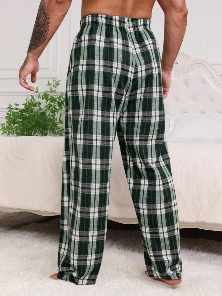 Men's Green Plaid Elastic Waist Lounge Pants, Autumn, Winter