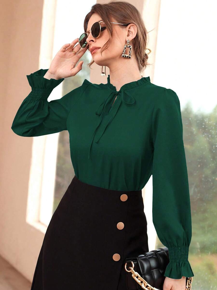 Modelyn Áo cánh tay bèo nhún màu trơn thường ngày cho nữ màu đỏ Burgundy, mùa xuân và mùa thu - màu xanh lá - Xem 1