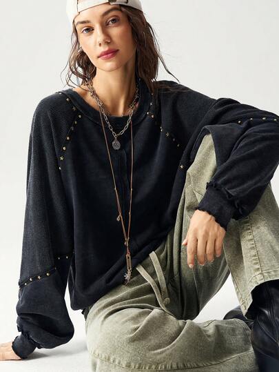 Bohemela Women's Casual Solid Color Knit Crew Neck Loose Fit Long Sleeve Sweatshirt