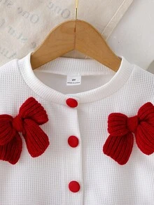 Elladie kids Bộ 2 áo khoác cardigan dệt kim nơ đỏ + chân váy xếp ly màu đỏ cho bé gái, trang phục thời trang phù hợp cho năm mới, lễ hội, tiệc tùng, xuân/thu - Đỏ - Xem 8