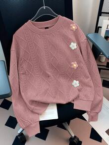 GlowEve 女士时尚纯色纹理装饰钩编3D立体花卉圆领落肩长袖开衩下摆宽松休闲卫衣 - 藕粉色 - 查看 7