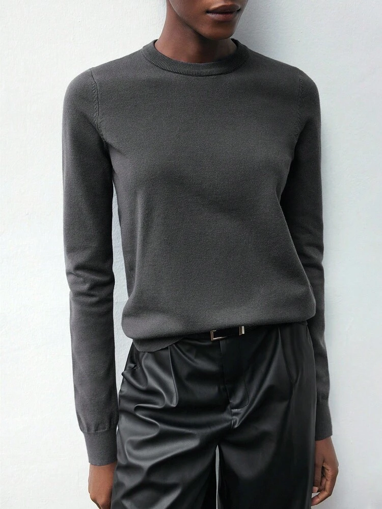 SHEIN Maija Women's Charcoal Gray Autumn Casual Loose Fit Round Neck Long Sleeve Pullover Sweater,Elegant Office Commuter Style Comfortable Viscose Knitwear