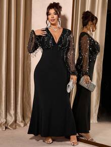 Cravure 大码女式重叠V领大码弹力针织黑色拼接流苏亮片网纱闪亮奢华派对长袖过膝秋冬气质派对长款鱼尾连衣裙夜店晚礼服正式女式连衣裙紧身连衣裙 - 黑色 - 查看 3