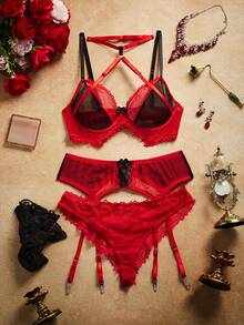 Conjunto de sujetador con aros de encaje y color contrastante - negro rojo - Ver 7