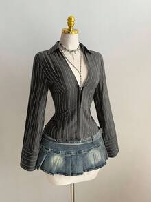 Elamini 1 pieza Blusa negra de cuello a rayas en V, de ajuste ceñido y manga larga, sexy para ir al trabajo y uso diario - Gris Oscuro - Ver 3