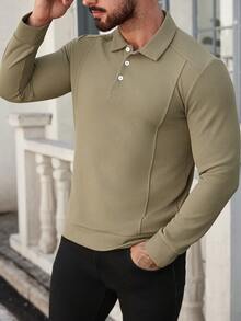 Manfinity Homme Men's Solid Color Button Casual Versatile Long Sleeve Polo Shirt Men Knit Shirt Men Long Sleeve Polo Shirt Khaki Shirts For Men Men's Casual Tops Tan Tops Men - Khaki - View 4