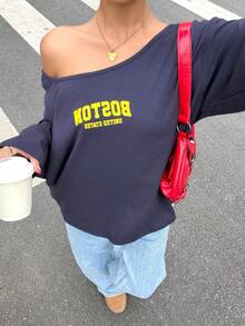 Muchica Letter Print Knit Loose Fit One Shoulder Long T-Shirt For Women,For Going Out, Streetwear, Y2K - Royal Blue - View 2