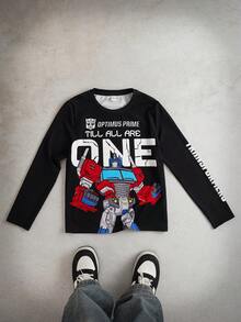 Transformers X SHEIN Tween Boy Casual Cool Letter & Robot Graphic Round Neck Raglan Long Sleeve Loose T-Shirt, Spring/Autumn - Black - View 1