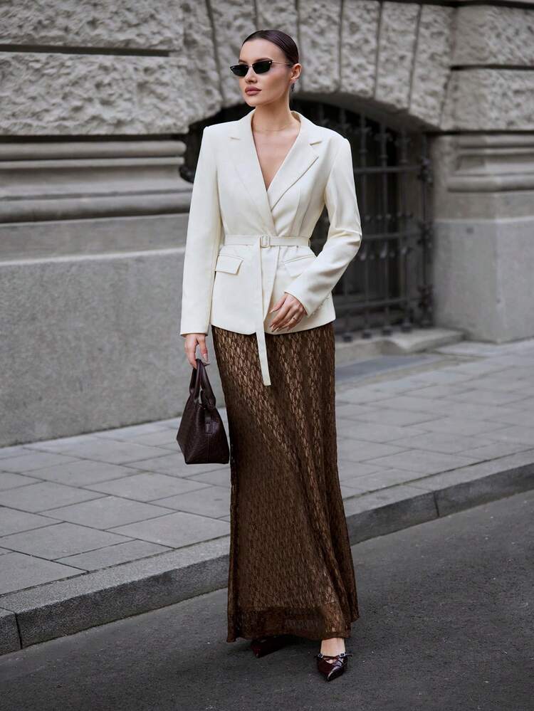 Women's Long Lace Skirt,Brown,Autumn,Elegant,Tea Party,Minimalist Urban Commuter Casual,Fishtail Design,Flattering Fit,Office,Wedding Guest,Christmas