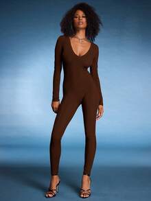 Normani Ladies' Deep V-Neck Solid Color Unitards For Summer Fall Cloth For Women - Coffee Brown - View 3