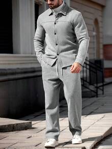 Manfinity Homme 浅灰色粗花呢男士休闲套装，长袖外套搭配带口袋的长裤，灰色休闲西装两件套，冬季休闲套装 - 淺灰色 - 查看 5