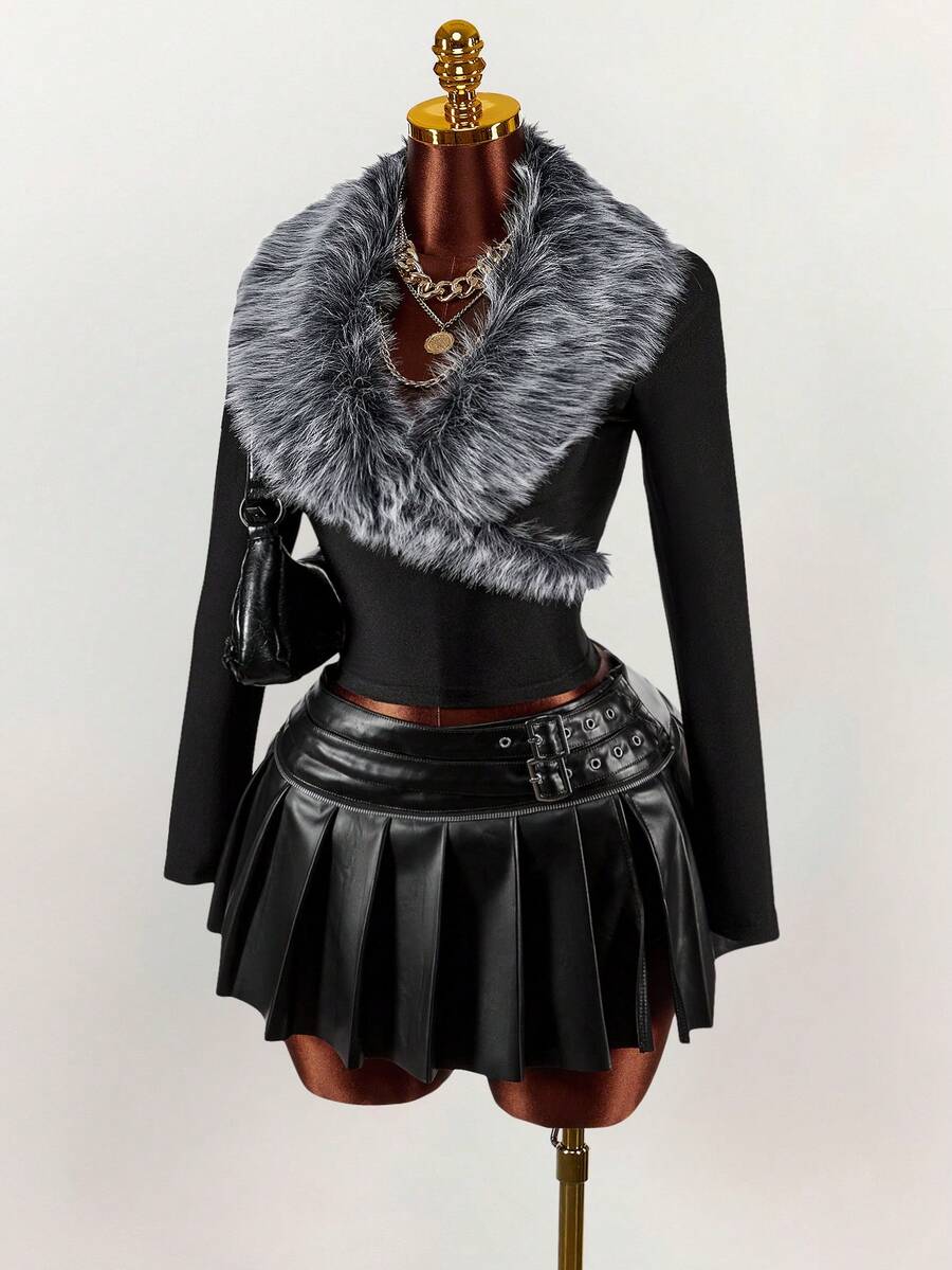 Amplova Y2K 时尚通勤风毛领拼接紧身长袖T恤，女士圣诞新年连衣裙，黑色上衣 - 黑色 - 查看 1