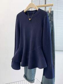 GlowEve CURVE Plus Size Women Solid Color Round Neck Long Sleeve Casual Loose Knit Sweater, Autumn/Winter - Navy Blue - View 3