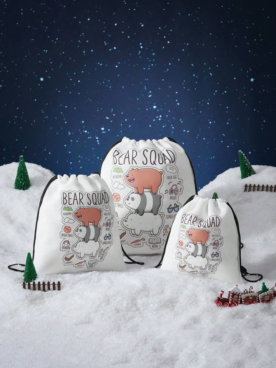 We Bare Bears X SHEIN Cartoon & Letter Print Travel Drawstring Bags, Multi-Size Storage Pouches - White - View 1