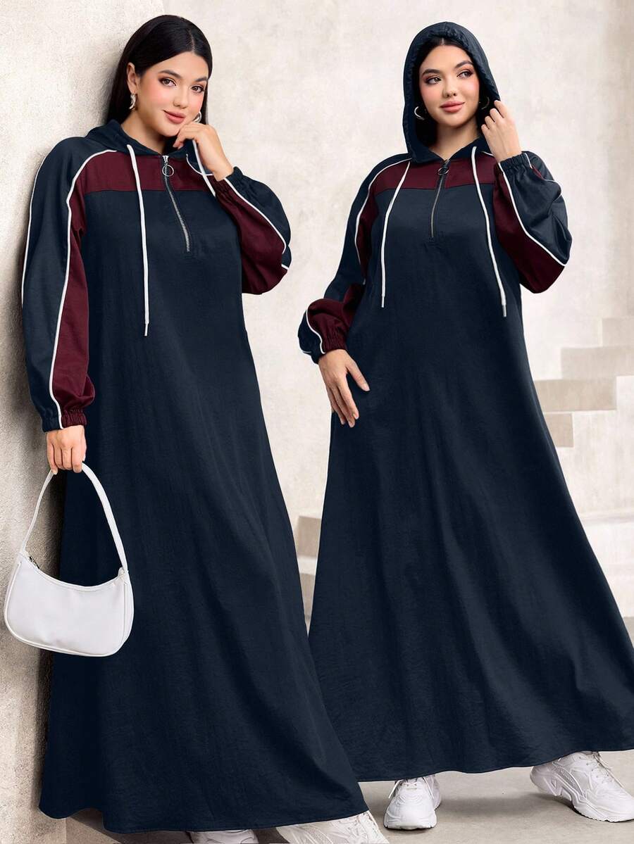 Modelyn 大码女式长袖抽绳连帽撞色喇叭优雅时尚连衣裙，秋冬款 - 藏蓝色 - 查看 1