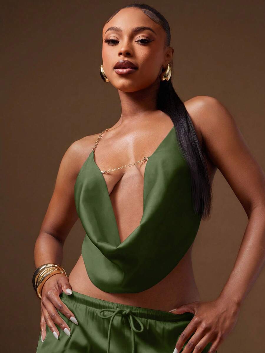 Denimoi Satin Backless Gold Chain Strap Cowl Neck Halter Top GNO Date Night Outfits Dinner Outfits - Olive Green - View 1