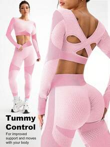 Sovereign Charm 女士撞色拼接短款上衣和紧身裤运动套装健身女士套装 - 粉色 - 查看 1