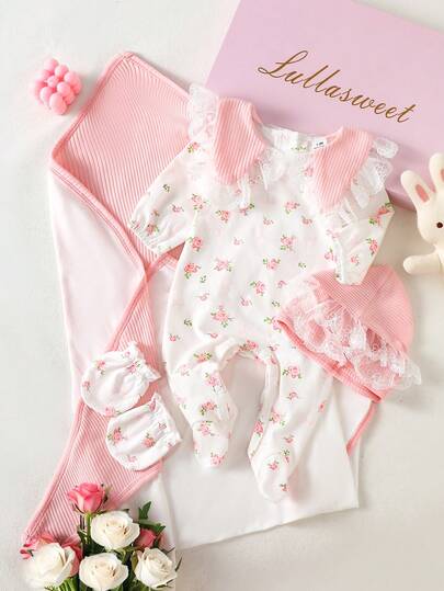 SHEIN Newborn Gift Set, Soft Ribbed Pattern With White Ditsy Floral, Delicate White Lace Trim, Comfortable And Stylish Fit, High-Quality Newborn Gift Choice