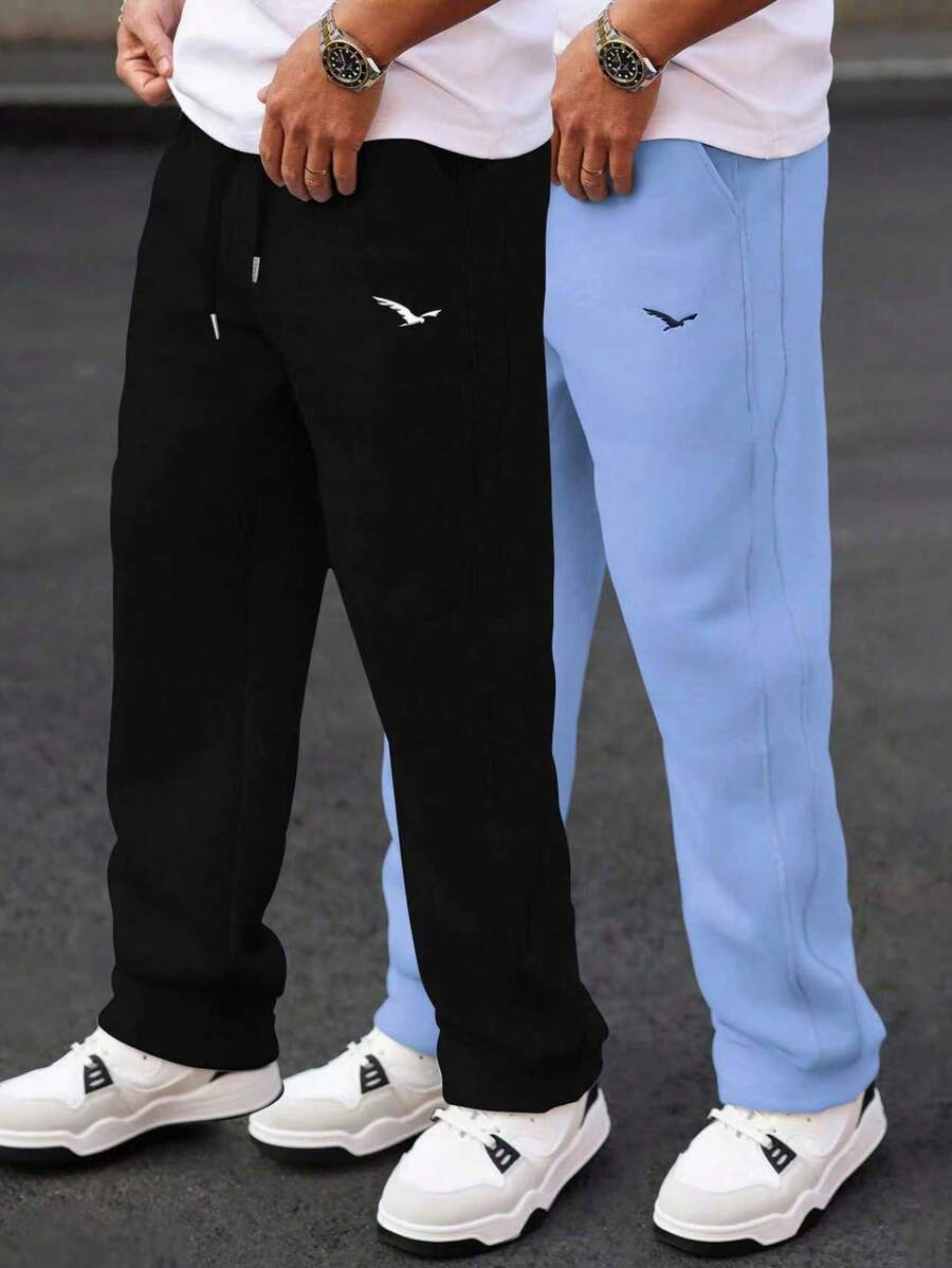 Manfinity Homme 男士鹰形刺绣抽绳腰带口袋休闲运动裤 - 彩色 - 查看 1