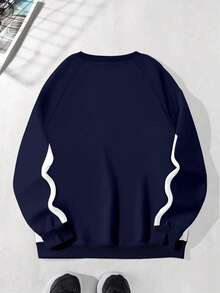 Manfinity Roghcode Men's Contrast Color Print Crew Neck Long Sleeve Pullover Sweatshirt 90s Sporty Sweater Men Racing Sweatshirt Long Sleeve Jersey Sweatshirt - Navy Blue - View 3