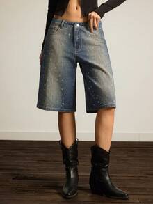 Easelle 女士时尚水钻装饰低腰阔腿牛仔短裤