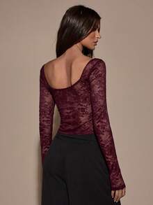 SHEIN BAE Áo kiểu dáng ngắn tay dài, màu trơn, chất liệu ren, ôm sát, thích hợp cho nữ, mùa xuân, hè, đi nghỉ mát, phong cách thường ngày, đi biển, màu đỏ tía. - Màu Đỏ Sâu - Xem 5