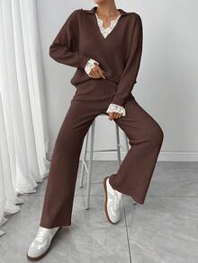 Modelyn Damen Lässig Kontrast Spitze Drop Shoulder Pullover und Hose Set, Herbst/Winter