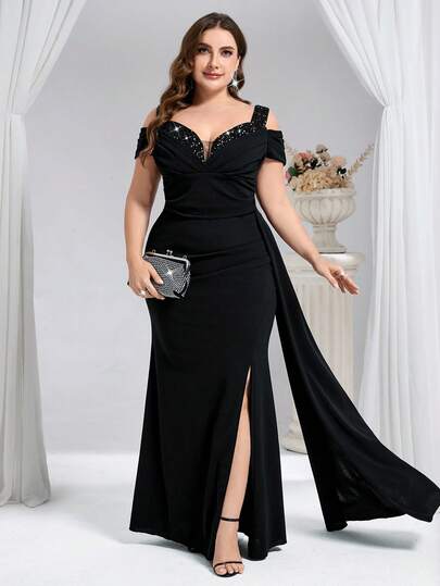 Coutiva 大码女士纯色亮片拼接露肩褶皱侧开衩下摆优雅正式晚礼服