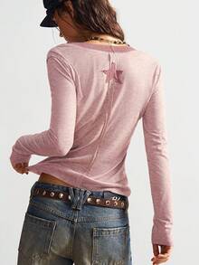 Bohemela Casual Solid Color V-Neck Long Sleeve Fitted Women T-Shirt