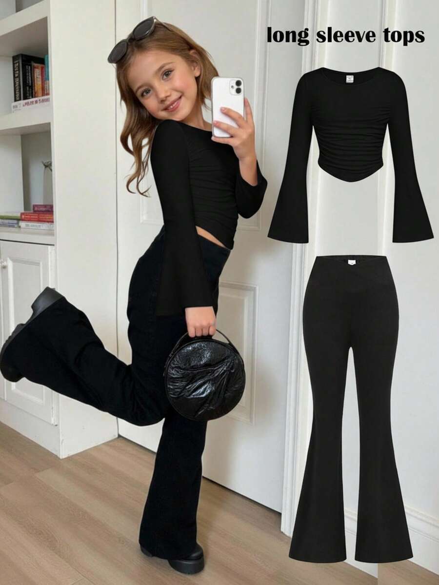 SHEIN 年轻女孩时尚修身休闲圆领荷叶边喇叭袖长袖T恤，喇叭袖圆领套头衫，适合秋冬季日常穿着、居家、聚会，也可与姐妹装搭配。 - 黑色 - 查看 1