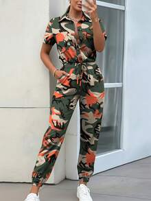 SHEIN LUNE Women's Casual Shirt Collar Elastic Cinched Waist Decor Camouflage Print Long Jumpsuit, Spring/Summer