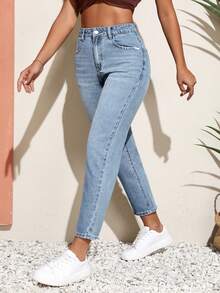 Breezaya 大码女式高腰带口袋锥形休闲百搭牛仔裤 - 藍色 - 查看 4