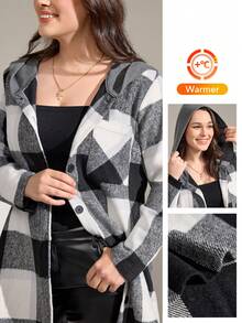 Momelise Plus Size Casual Plaid Hooded Jacket, Autumn/Winter - Black and White - View 1
