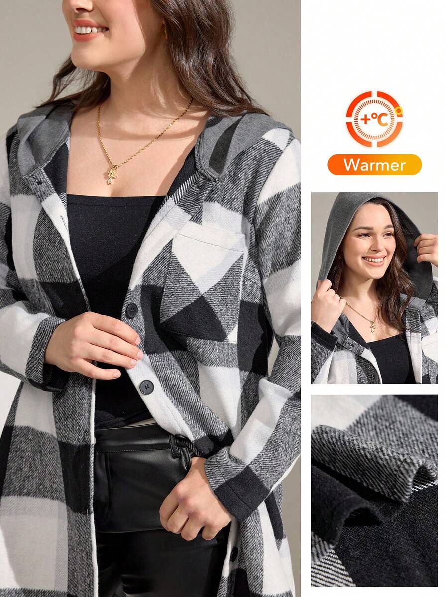 Momelise Plus Size Casual Plaid Hooded Jacket, Autumn/Winter - Black and White - View 1