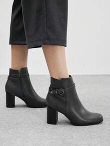 CUCCOO BIZCHIC Women's Round Toe Chunky Heel Mid-Calf Boots, Daily Wear - Grey - View 3