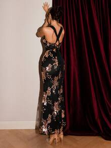 SHEIN Glamour Women's Floral Sequin Fitted Mermaid Hem Elegant Dress - Black Gold - View 2