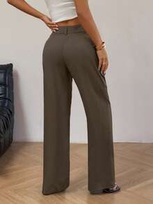 Flirla Women's Casual Versatile Solid Color Straight Leg Pants - Brown - View 2