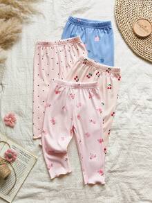Vintaside Kids Bộ 4 quần dài in họa tiết hoa và quả anh đào dễ thương cho bé gái, thích hợp mặc trong nhà và ngoài trời, mặc hàng ngày, mặc vào mùa xuân, mùa hè, mùa thu, mùa đông - Nhiều màu - Xem 3
