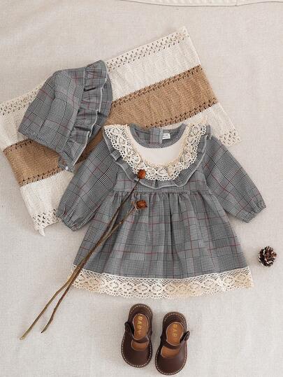 SHEIN 女婴格子拼接纯色长袖公主裙，层叠荷叶边下摆，秋冬款